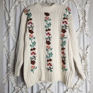 Vintage Cotton Chunky Cable Knit Sweater Cottagecore Floral Eddie Bauer sz Small